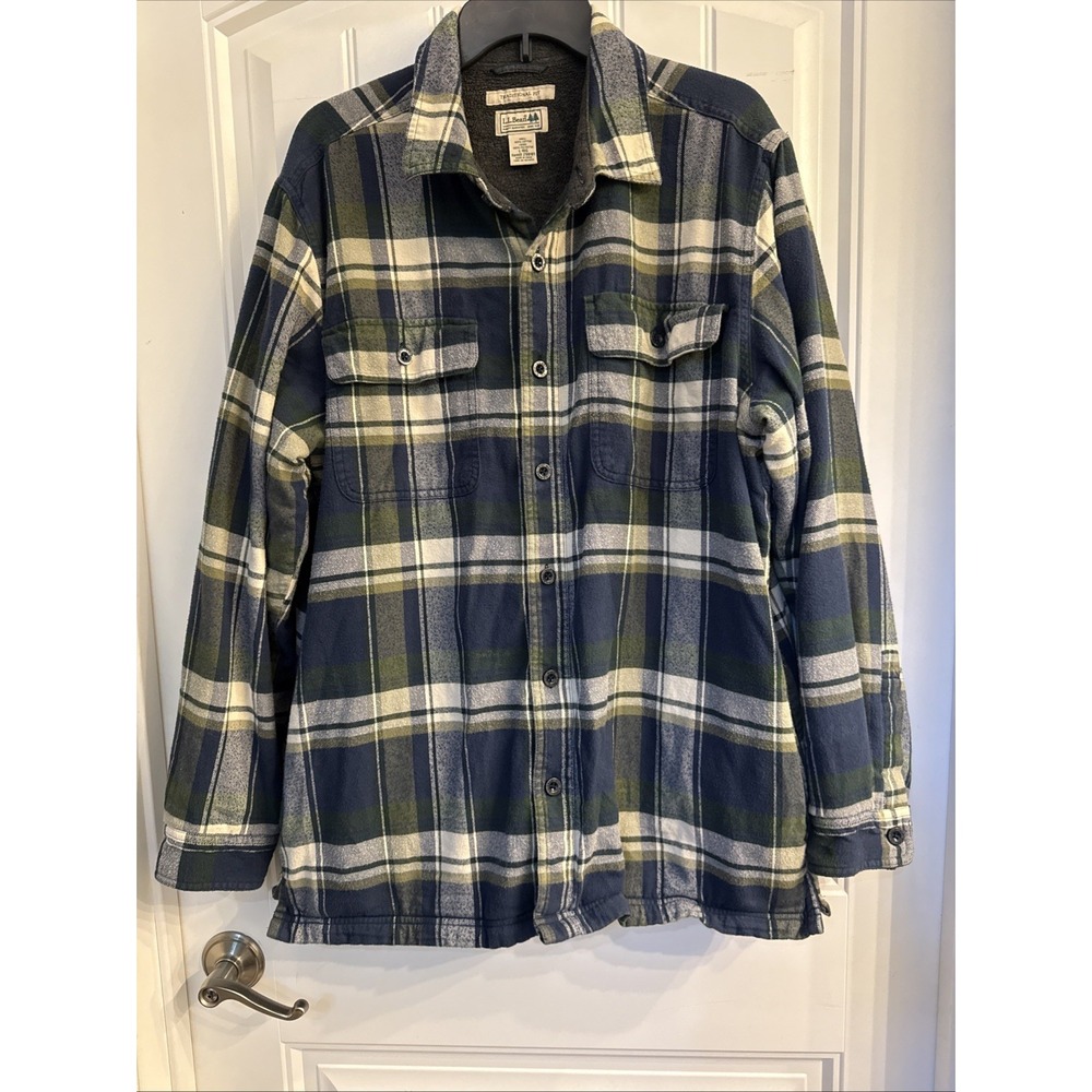 LL Bean Men's Fleece Lined Plaid Shirt Green Blue Button Up Large